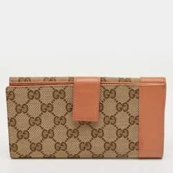 Pre Owned Gucci Beige/Peach GG Canvas and Leather Heart Charm Continental Wallet