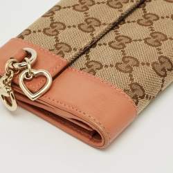 Pre Owned Gucci Beige/Peach GG Canvas and Leather Heart Charm Continental Wallet