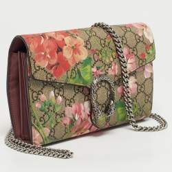 Pre Owned Gucci Old Rose/Beige GG Supreme Canvas Dionysus Blooms Wallet on Chain