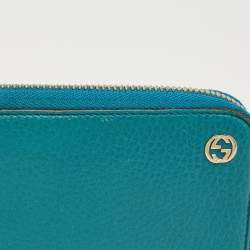 Pre Owned Gucci Turquoise Blue Leather Interlocking G Zip Around Wallet