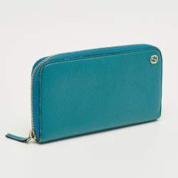 Pre Owned Gucci Turquoise Blue Leather Interlocking G Zip Around Wallet