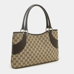 Pre Owned Gucci Dark Brown/Beige Canvas and Leather Tote