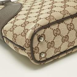 Pre Owned Gucci Dark Brown/Beige Canvas and Leather Tote