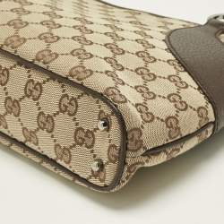 Pre Owned Gucci Dark Brown/Beige Canvas and Leather Tote