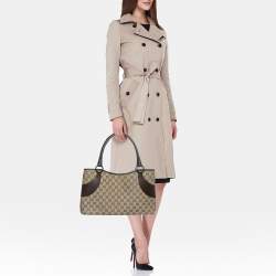 Pre Owned Gucci Dark Brown/Beige Canvas and Leather Tote