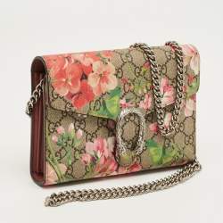 Pre Owned Gucci Old Rose/Beige GG Supreme Canvas and Leather Dionysus Blooms Wallet on Chain