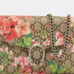 Pre Owned Gucci Old Rose/Beige GG Supreme Canvas and Leather Dionysus Blooms Wallet on Chain