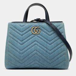 Pre Owned Gucci Blue Small GG Marmont Matelasse Denim Pearly Satchel