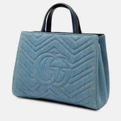 Pre Owned Gucci Blue Small GG Marmont Matelasse Denim Pearly Satchel