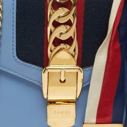 Pre Owned Gucci Light Blue Leather Mini Web Chain Sylvie Shoulder Bag