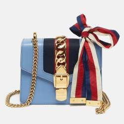 Pre Owned Gucci Light Blue Leather Mini Web Chain Sylvie Shoulder Bag