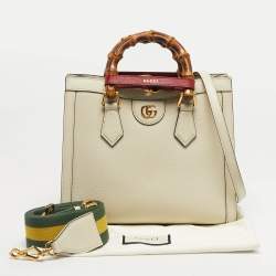 Pre Owned Gucci Off White Leather Small Bamboo Diana Tote
