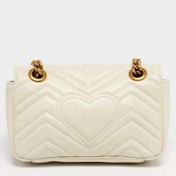 Pre Owned Gucci Off White Matelassé Leather Mini GG Marmont Shoulder Bag