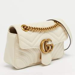 Pre Owned Gucci Off White Matelassé Leather Mini GG Marmont Shoulder Bag