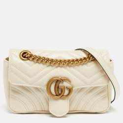 Pre Owned Gucci Off White Matelassé Leather Mini GG Marmont Shoulder Bag