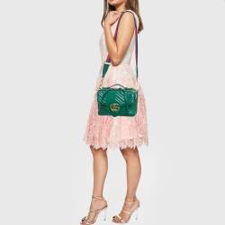 Pre Owned Gucci Green Matelasse Leather GG Marmont Camera Top Handle Bag