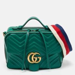 Pre Owned Gucci Green Matelasse Leather GG Marmont Camera Top Handle Bag