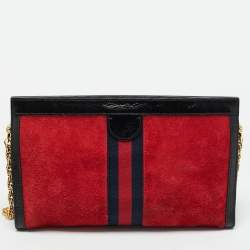 Pre Owned Gucci Red/Black Suede and Patent Leather Medium Ophidia Chain Shoulder Bag