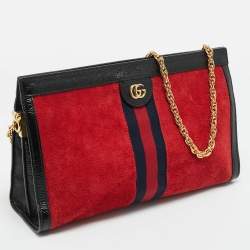 Pre Owned Gucci Red/Black Suede and Patent Leather Medium Ophidia Chain Shoulder Bag