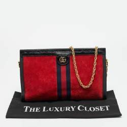 Pre Owned Gucci Red/Black Suede and Patent Leather Medium Ophidia Chain Shoulder Bag