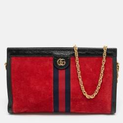 Pre Owned Gucci Red/Black Suede and Patent Leather Medium Ophidia Chain Shoulder Bag