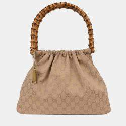 Pre Owned Gucci Beige Canvas Bamboo GG Handbag