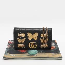 Pre Owned Gucci Black Animal Studs Matelasse Leather Mini GG Marmont Chain Clutch