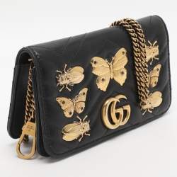 Pre Owned Gucci Black Animal Studs Matelasse Leather Mini GG Marmont Chain Clutch