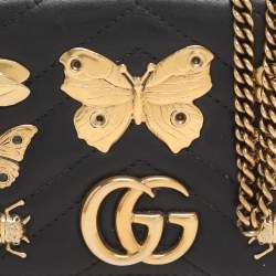 Pre Owned Gucci Black Animal Studs Matelasse Leather Mini GG Marmont Chain Clutch