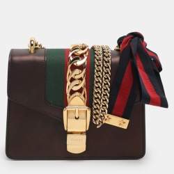 Pre Owned Gucci Metallic Black Leather Mini Web Chain Sylvie Crossbody Bag