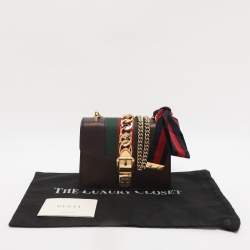 Pre Owned Gucci Metallic Black Leather Mini Web Chain Sylvie Crossbody Bag