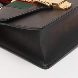 Pre Owned Gucci Metallic Black Leather Mini Web Chain Sylvie Crossbody Bag