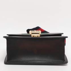 Pre Owned Gucci Metallic Black Leather Mini Web Chain Sylvie Crossbody Bag