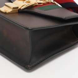 Pre Owned Gucci Metallic Black Leather Mini Web Chain Sylvie Crossbody Bag