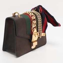 Pre Owned Gucci Metallic Black Leather Mini Web Chain Sylvie Crossbody Bag