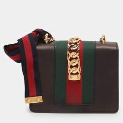 Pre Owned Gucci Metallic Black Leather Mini Web Chain Sylvie Crossbody Bag