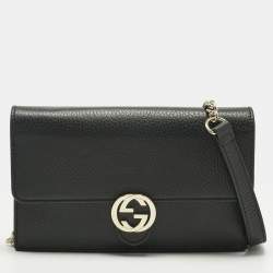 Pre Owned Gucci Black Leather Interlocking G Wallet On Chain