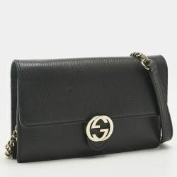 Pre Owned Gucci Black Leather Interlocking G Wallet On Chain