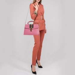 Pre Owned Gucci Fuchsia Leather Medium Web Sylvie Top Handle Bag