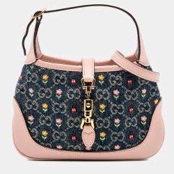 Pre Owned Gucci Blue Limited Edition Mini GG Denim Embroidered Floral Jackie 1961 Crossbody