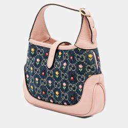 Pre Owned Gucci Blue Limited Edition Mini GG Denim Embroidered Floral Jackie 1961 Crossbody