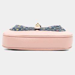 Pre Owned Gucci Blue Limited Edition Mini GG Denim Embroidered Floral Jackie 1961 Crossbody