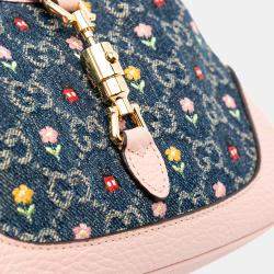 Pre Owned Gucci Blue Limited Edition Mini GG Denim Embroidered Floral Jackie 1961 Crossbody