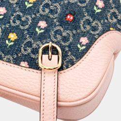 Pre Owned Gucci Blue Limited Edition Mini GG Denim Embroidered Floral Jackie 1961 Crossbody