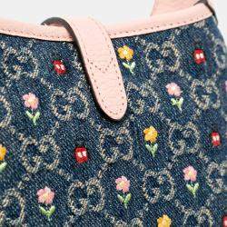 Pre Owned Gucci Blue Limited Edition Mini GG Denim Embroidered Floral Jackie 1961 Crossbody