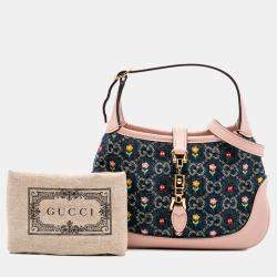 Pre Owned Gucci Blue Limited Edition Mini GG Denim Embroidered Floral Jackie 1961 Crossbody