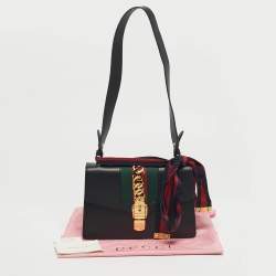 Pre Owned Gucci Black Leather Small Web Chain Sylvie Shoulder Bag