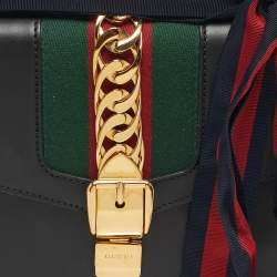Pre Owned Gucci Black Leather Small Web Chain Sylvie Shoulder Bag