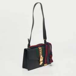 Pre Owned Gucci Black Leather Small Web Chain Sylvie Shoulder Bag