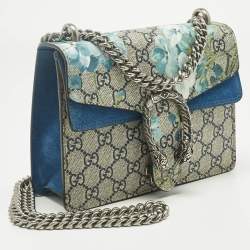 Pre Owned Gucci Beige/Blue GG Supreme Canvas and Suede Mini Blooms Dionysus Shoulder Bag